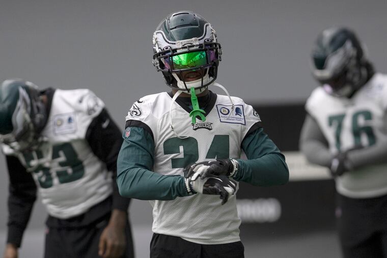 Eagles, Jalen Mills, looks on during practice at the NovaCare Complex in South Philadelphia on Wednesday, Nov. 27, 2019.