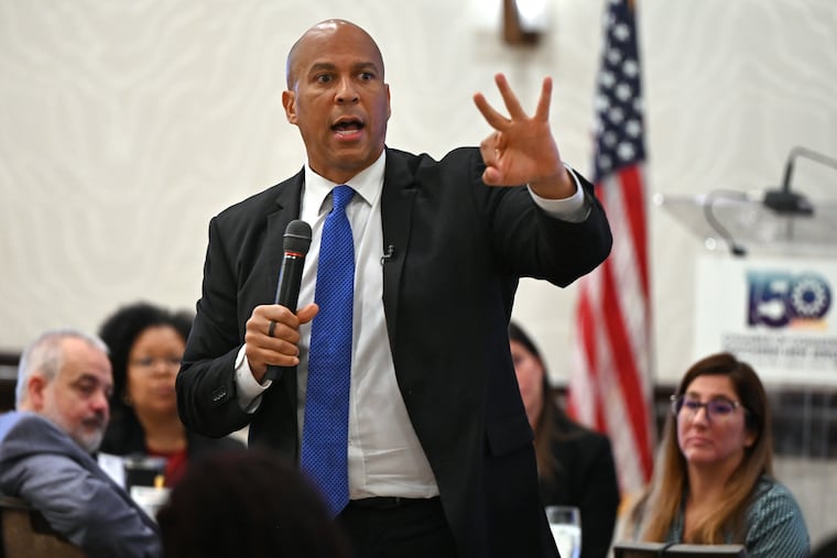 Sen. Cory Booker addresses members of the Chamber of Commerce of Southern New Jersey in Mount Laurel on Aug. 29, 2023.