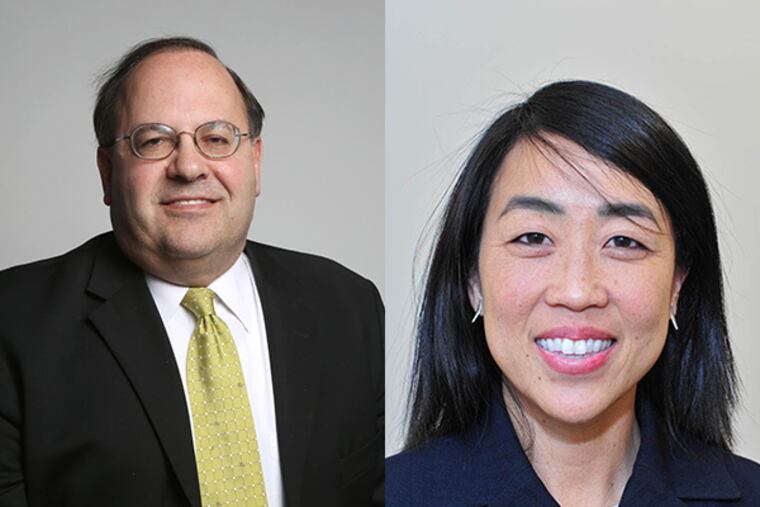 City Council at-large candidates Allan Domb (left) and Helen Gym. ( STEPHANIE AARONSON and JESSIE FOX / Staff photographers )