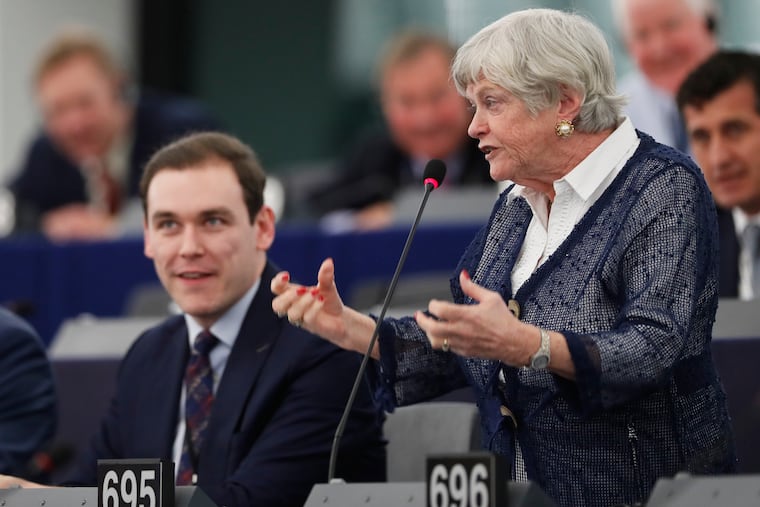 Britain's European parliament member Ann Widdecombe, right, of the Brexit party, speaks during a debate at the European parliament, Jan. 14, 2020, in Strasbourg, eastern France. Widdecombe was found dead at her home Thursday.