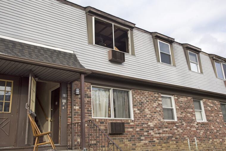 The Blackwood Falls apartments in Gloucester Township Sunday, where a man was killed and a woman and 10-year-old child were severely burned in an early morning fire.