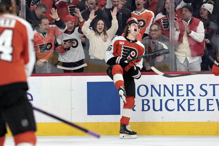 Flyers' Trevor Zegras celebrates his second goal of the game against the Ducks.