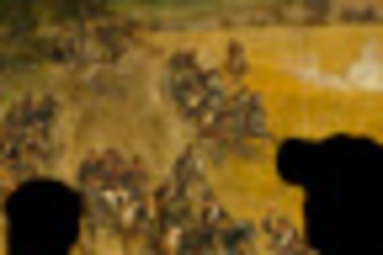 PARKS21A 7/20/04 PHOTO BY ERIC MENCHER. In this photo, Carl Patrick Scheid (left) and his brother John Scheid, both of Bethesda, Md., look at the Cyclorama painting "The Battle of Gettysburg" by Paul Philippoteaux (painted in 1883-1884) at the Gettysburg National Military Park in Gettysburg, Pa.. Above them is a hole in the ceiling caused by a faulty roof and poor design. Accompanies a story by Paul Nussbaum on the state of the national parks.