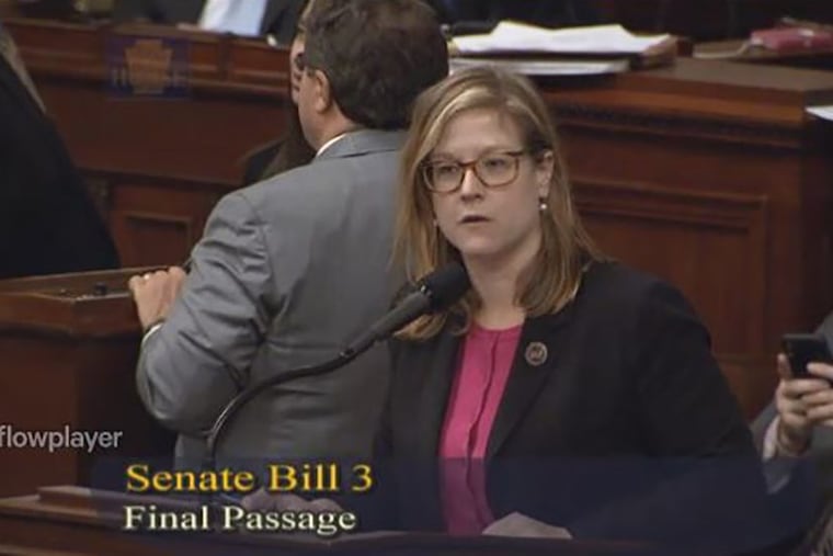 Rep. Leanne Krueger-Braneky of Delaware County is pictured here arguing against a restrictive abortion bill Tuesday night on the floor of the Pennsylvania House of Representatives. She is a Democrat from Swarthmore whose predecessor in 2015 was a Republican man.