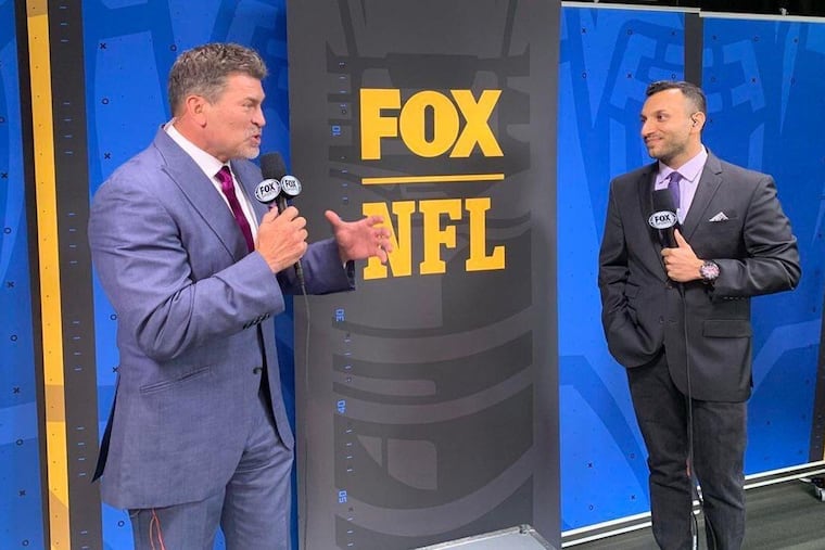 Fox NFL announcers Mark Schlereth (left) and Adam Amin will call Eagles-Lions Sunday.