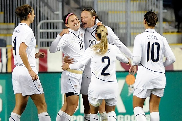 Alex Morgan (second from left) scored her first goal for the U.S. women's soccer team at Subaru Park in 2010.