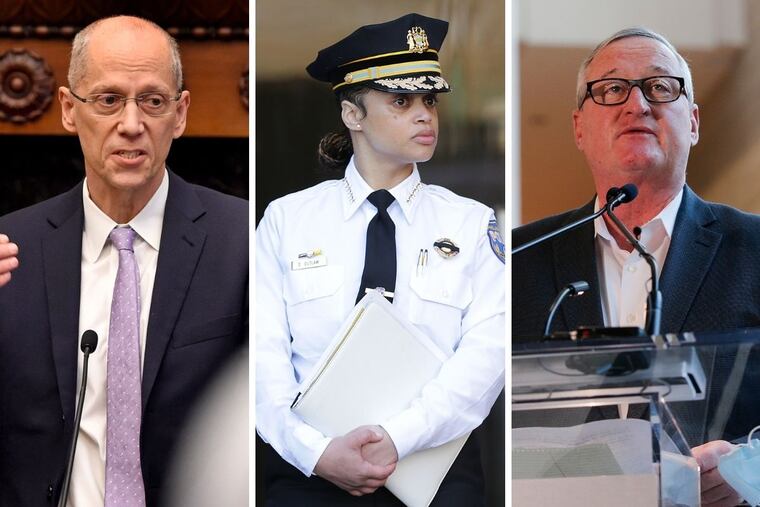 Left to right: Philly Health Commissioner Dr. Thomas Farley at City Hall Mar. 10, 2020; Police Commissioner Danielle Outlaw outside the Police Administration Building March 18, 2020; Mayor Jim Kenney at the Pennsylvania Convention Center November 6, 2020.