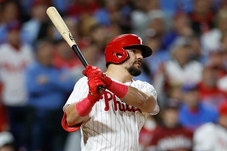Phillies designated hitter Kyle Schwarber watches his solo home run during Game 1 of the NLCS against the Arizona Diamondbacks at Citizens Bank Park in Philadelphia on Monday, Oct. 16, 2023.