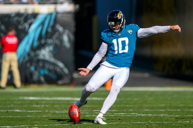 Brandon McManus kicking off for the Jacksonville Jaguars against the Panthers on Dec. 31, 2023.