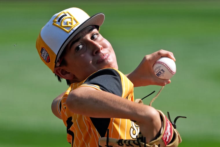 Lake Mary, Fla.'s Jacob Bibaud pitches during the first inning of the Little League World Series Championship game against Taiwan in South Williamsport, Pa.