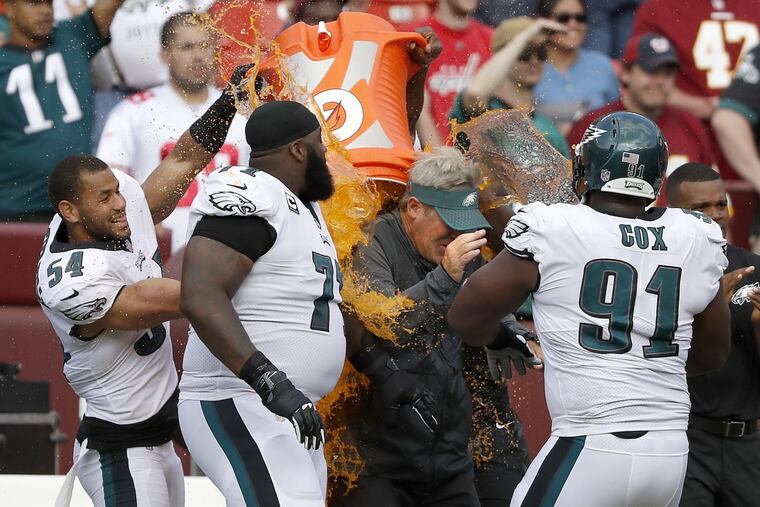 Philadelphia Eagles head coach Doug Pederson got a Gatorade bath from some of his players at the 30-17 Week 1 win over the Washington Redskins.