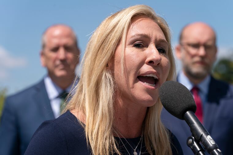 U.S. Rep. Marjorie Taylor Greene, R-Ga., speaks during a news conference on Capitol Hill last month.