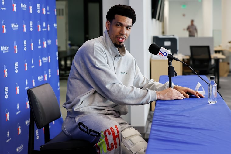 Sixers forward Danny Green answers questions about his injury while meeting with the media at the Sixers Training Complex on May 13. Green injured his knee against the Heat in Game-6.