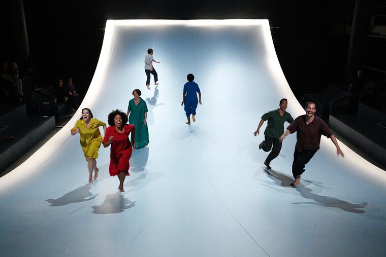 The ensemble of "There" at the Wilma Theater (from left): Sarah Gliko, Taysha Marie Canales, Krista Apple, Matteo Scammell, Brett Ashley Robinson, Justin Jain, and Ross Beschler.