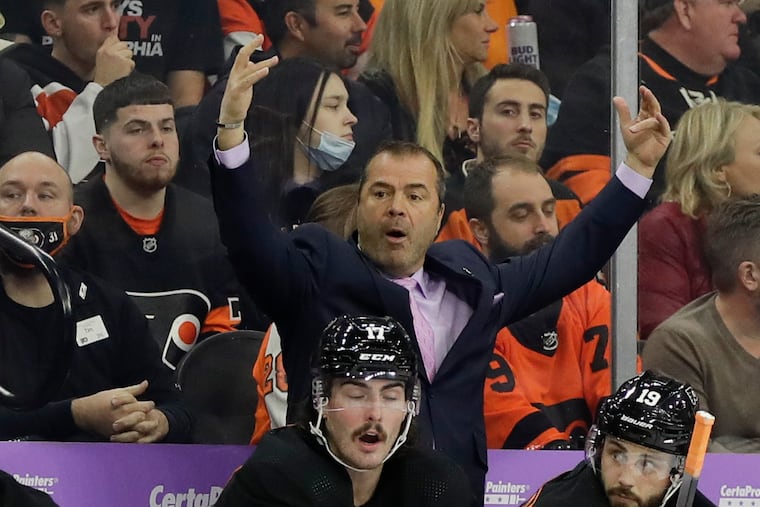 Flyers Head Coach Alain Vigneault signals to his team against the Tampa Bay Lightning on Thursday, November 18, 2021 in Philadelphia.