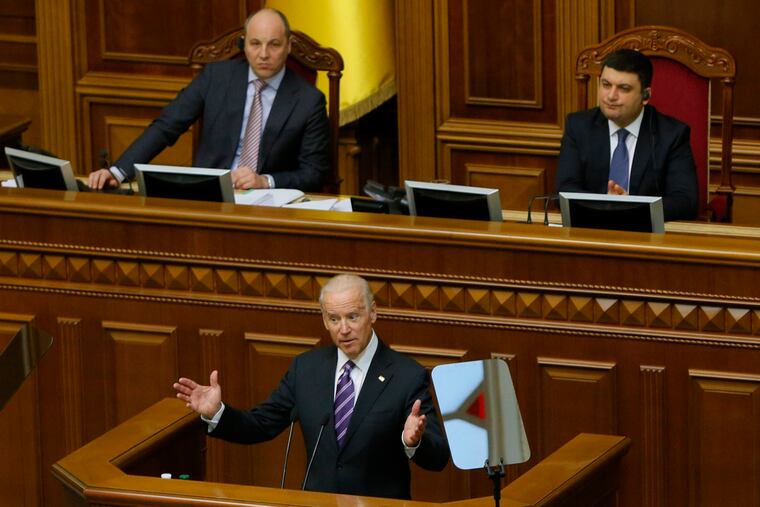 U.S. Vice President Joe Biden addresses the Ukraine Parliament in Kyiv, Ukraine on Dec. 8, 2015. Now Biden is facing scrutiny for his son's dealings in Ukraine.