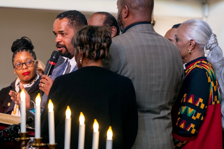 Pa. State Sen. Sharif Street speaks from the pulpit of Mother Bethel A.M.E. Church on Sunday during a news conference held by the Black Clergy of Philadelphia and Vicinity to discuss the negative impacts of the government shutdown.