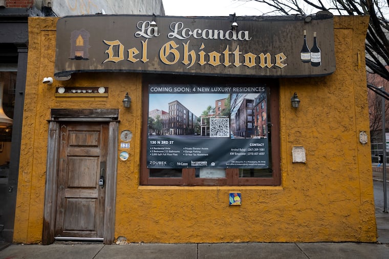 The La Locanda Del Ghiottone restaurant building is being demolished and replaced with new luxury condos in Old City, Pa., on Tuesday, March. 3, 2026.