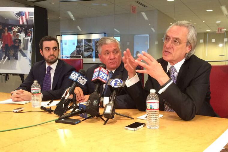 Attorneys (from left) Robert Zimmerman, Robert Mongeluzzi and Tom Kline discuss federal lawsuit.