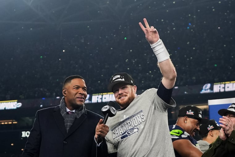 Seattle Seahawks quarterback Sam Darnold with Michael Strahan, who was featured on the latest episode of "New Heights."