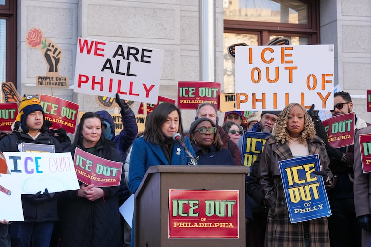 Rue Landau shown here during a news conference at City Hall to announce a package of bills aimed at pushing back against ICE enforcement on Jan. 27.