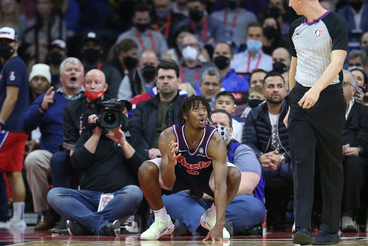 Sixers point guard Tyrese Maxey reacts after a foul was called on him playing the Heat during the third quarter at the Wells Fargo Center.