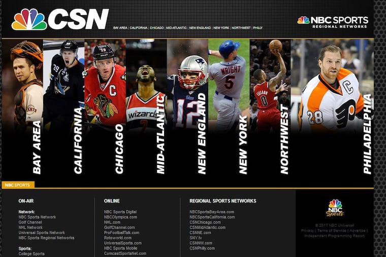Screen shot from ComcastSportsNet.Com. Comcast Corp. has regional sports networks covering such markets as California, Chicago, New York, and Philadelphia. The company has now rebranded the networks as NBC.