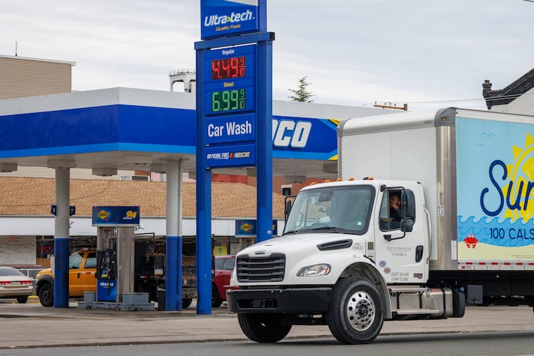 Regular gas is selling for $4.49 a gallon and diesel $6.99 a gallon at a Sunoco station on Girard Avenue and Sixth Street in Philadelphia, Friday, March 27, 2026.