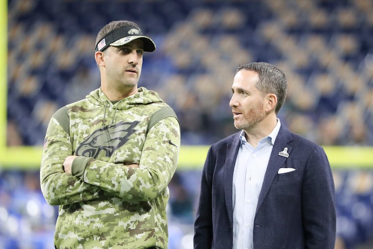 Eagles Head Coach Nick Sirianni with Executive Vice President/General Manage Howie Roseman before the Eagles played the Lions on Oct. 31 in Detroit.