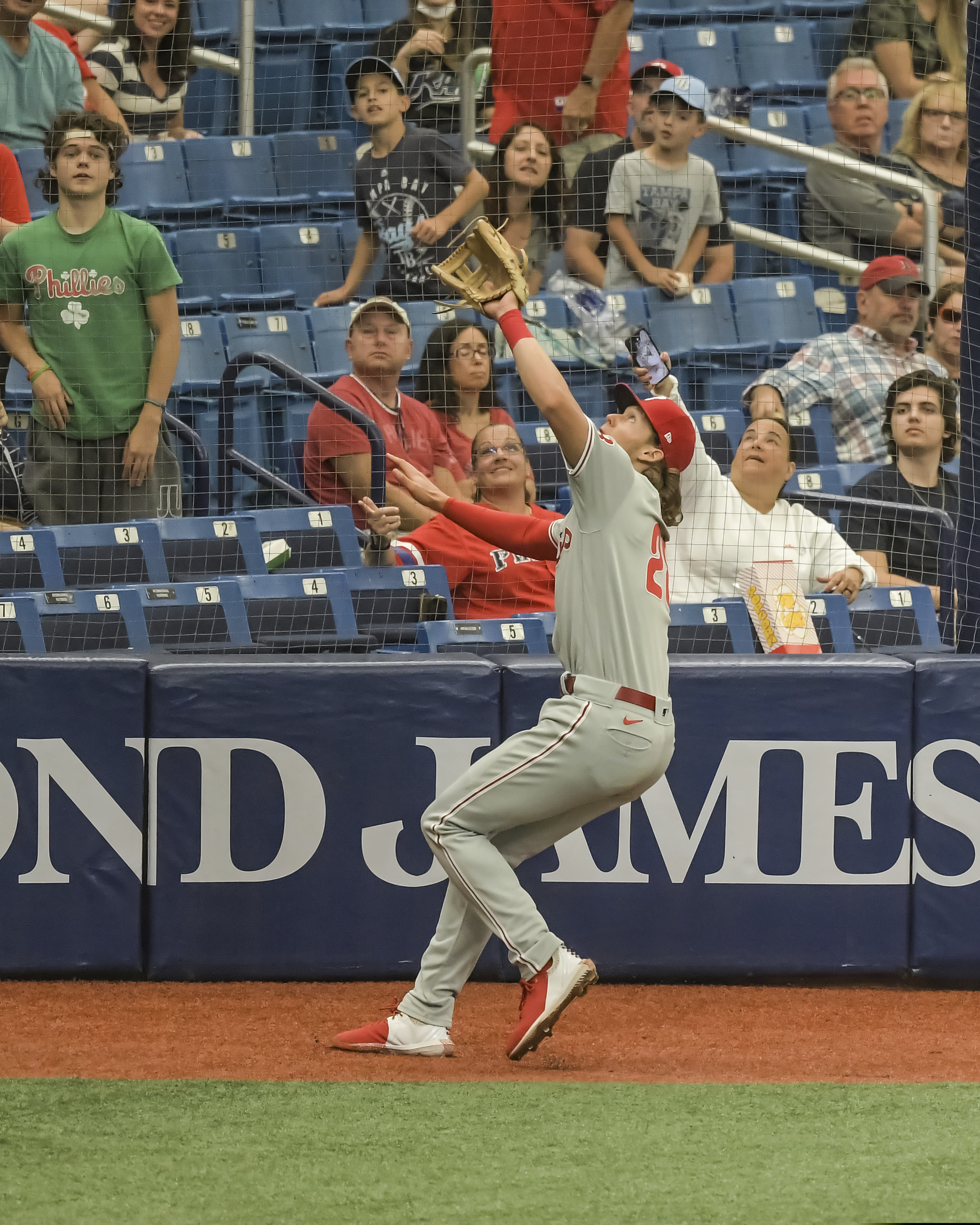 Phillies third baseman Alec Bohm caught this fourth-inning foul pop up Sunday at Tropicana Field, but he over ran one in the second inning that helped Tampa Bay score twice en route to a 6-2 win.