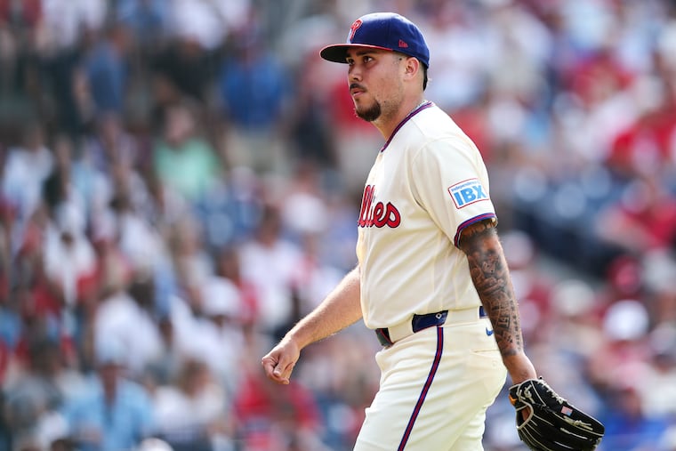 Phillies pitcher Orion Kerkering leaves after allowing three runs during the eighth inning of the game against the Toronto Blue Jays at Citizens Bank Park on Aug. 9, 2026. The Phillies won in extra innings 7 to 6.