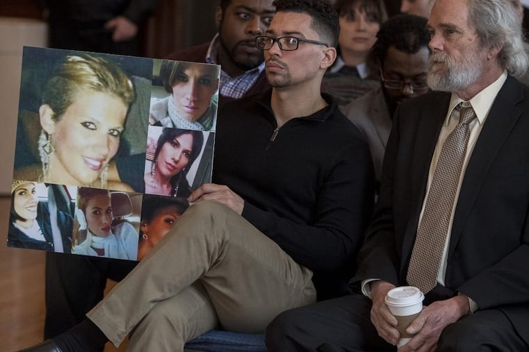 Listening to testimony in February on expanding the number of ailments and conditions covered under the medical marijuana program were Ricardo Rivera (left), founder of Tuffy’s Fight, and Jim Miller, co-founder of Coalition for Medical Marijuana in N.J. Rivera holds a collage of his sister Matilda Candelaria, who died of opioid overdose in 2015 after suffering from chronic pain.