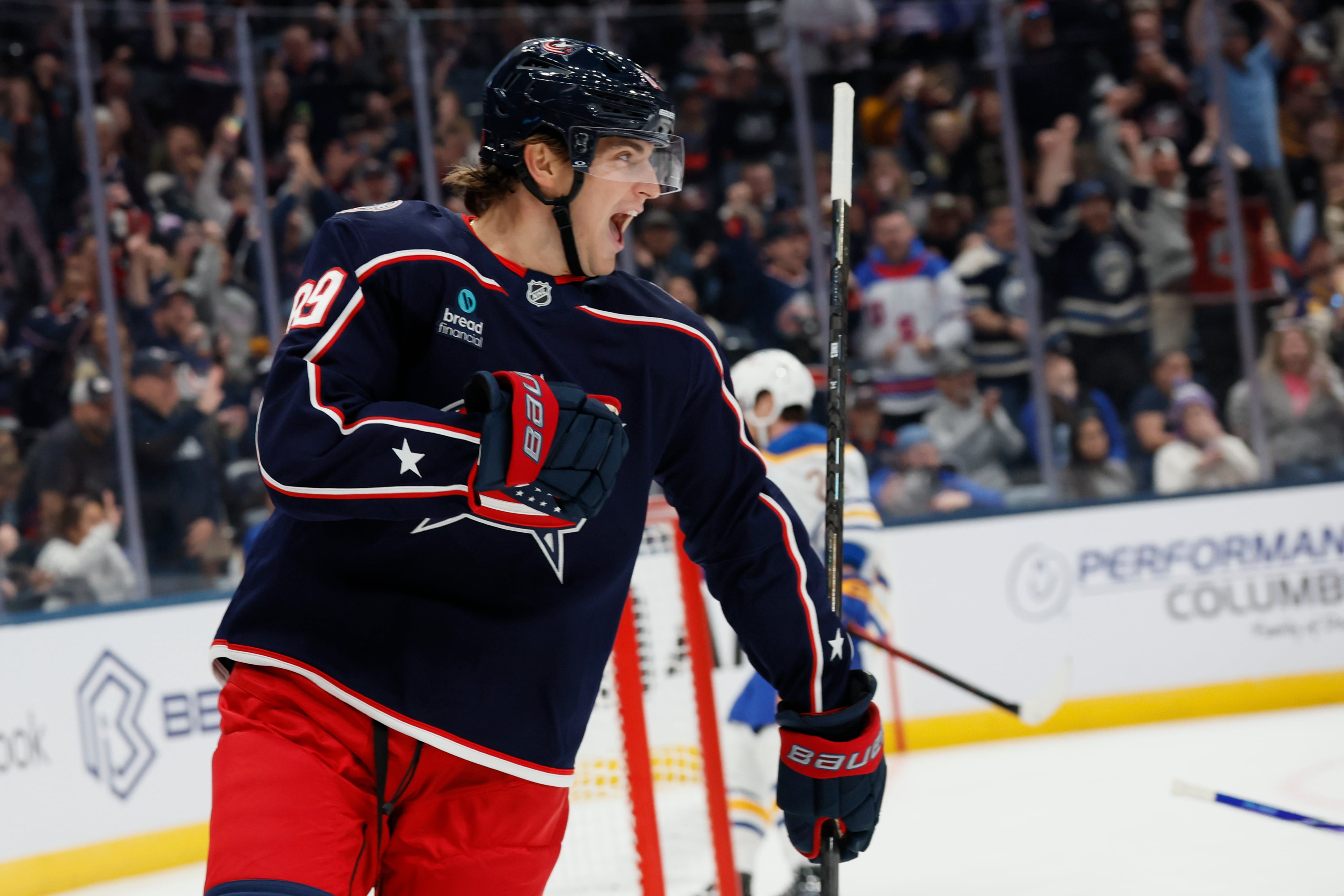 Knies has 2 goals and an assist in Columbus debut as Blue Jackets beat Sabres 6-3