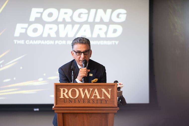 Ali A. Houshmand, president of Rowan University, speaks to students and staff at a kickoff event on campus for a $240 million fundraising campaign. The university has been in the quiet phase of the campaign for four years and hopes to conclude the fundraising next summer.