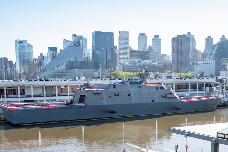 This photo provided by the U.S. Navy shows the Freedom-variant littoral combat ship USS Cooperstown (LCS 23) prior to the ship’s commissioning ceremony, Saturday, May 6, 2023, in New York.