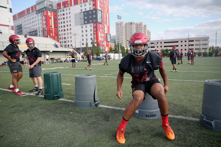 St. Joseph's Prep linebacker Jeremiah Trotter Jr. runs a drill during practice at Brady Field in North Philadelphia on Saturday, Aug. 24, 2019.