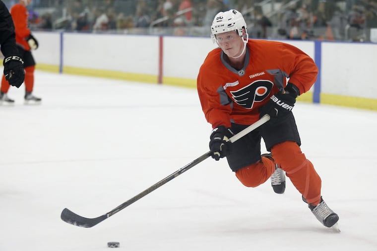 Flyers prospect Wade Allison skates toward the net during development camp in Voorhees.