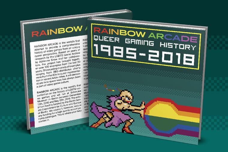 Preliminary cover design for the RAINBOW ARCADE exhibition catalog, designed by Nicolas Simoneau, Schwules Museum Berlin.