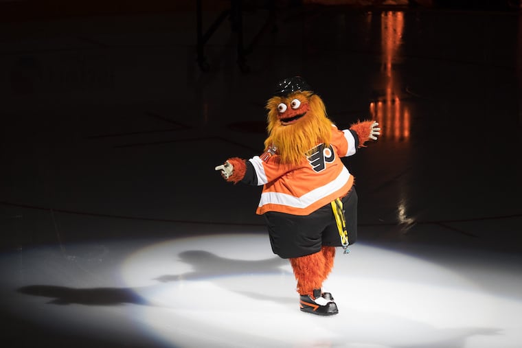 Gritty, the Flyers' new mascot makes his appearance at the home opener after descending from the rafters before the game. The Flyers take the ice in their home opener against the Sharks on Oct. 9, 2018.