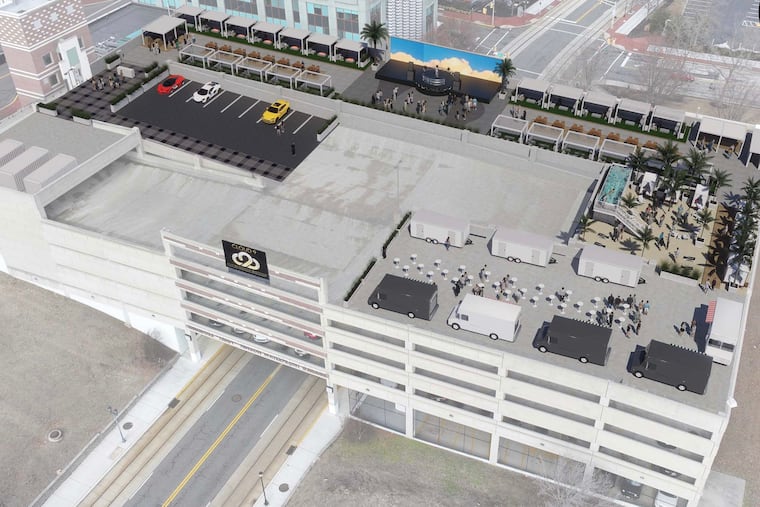 Renderings show the proposed Cloud 9 SkyLounge rooftop deck of the Hinson Parking Garage on Delaware Avenue in Camden.
