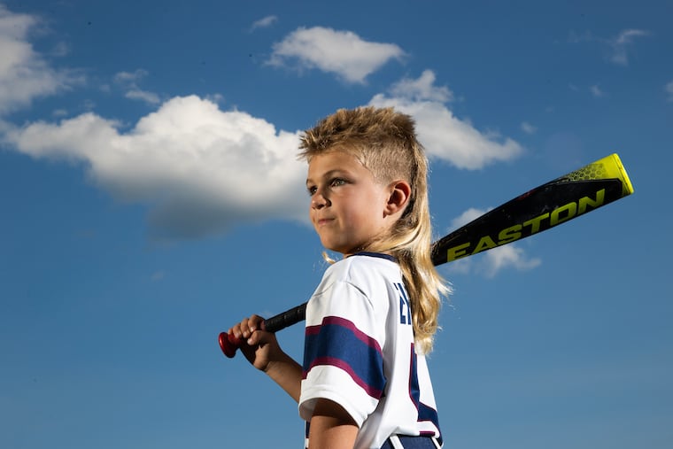 Rory Ehrlich, 6, of West Pottsgrove, Montgomery County, has reached the third and final round of the 2023 USA Mullet Championships. It benefits Wounded Warriors. He is shown before baseball practice.