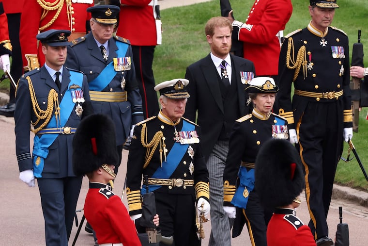 Britain's King Charles III, Princess Anne, Prince William and Prince Harry follow Queen Elizabeth II's coffin at St. George's Chapel at Windsor Castle, Windsor, England, on Sept. 19, 2022. On Friday Harry and his family met with King Charles for the first time since June of 2022.
