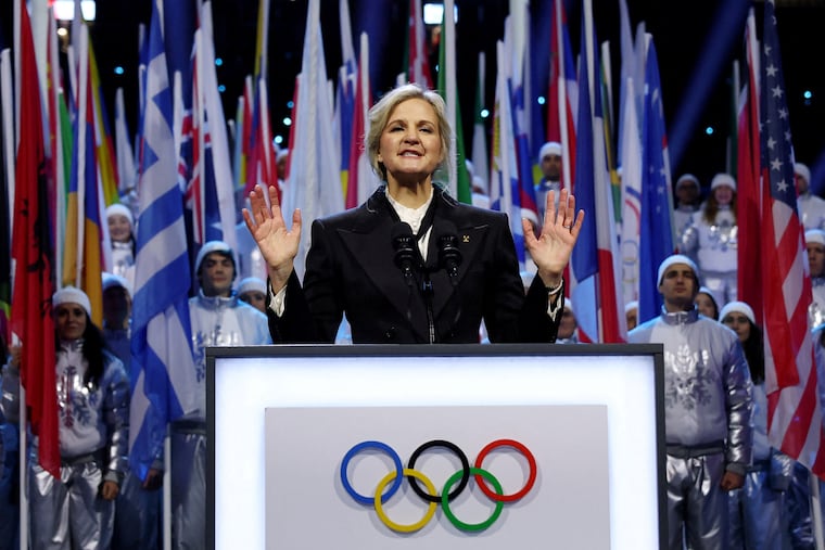 FILE - IOC President Kirsty Coventry speaks during the Olympic opening ceremony at the 2026 Winter Olympics, in Milan, Italy, Friday, Feb. 6, 2026.
