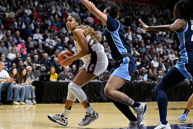 Sarah Strong (left) driving to to the basket against Villanova in Monday's Big East women's final.