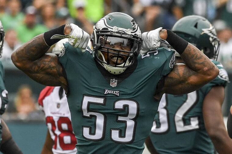 Linebacker Nigel Bradham flexing after a tackle against Arizona in October.