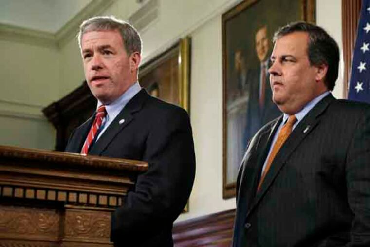 New Jersey Gov. Gov. Chris Christie, right, listens as New Jersey Attorney General Jeffrey Chiesa, 47, answers a question Thursday, June 6, 2013 in Trenton, N.J. Christie has named Chiesa to temporarily fill the U.S. Senate seat that opened up this week after Frank Lautenberg's death. Chiesa worked with Christie in the U.S. Attorney's office before becoming the top lawyer for the state government. He has overseen gun buyback programs all over the state, but has not had a particularly high profile. Christie has scheduled a special election for October to fill the seat until it expires in January 2015.(AP Photo/Mel Evans)