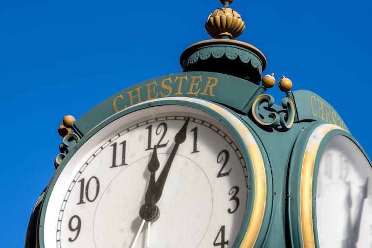 The clock across from City Hall in downtown Chester.
