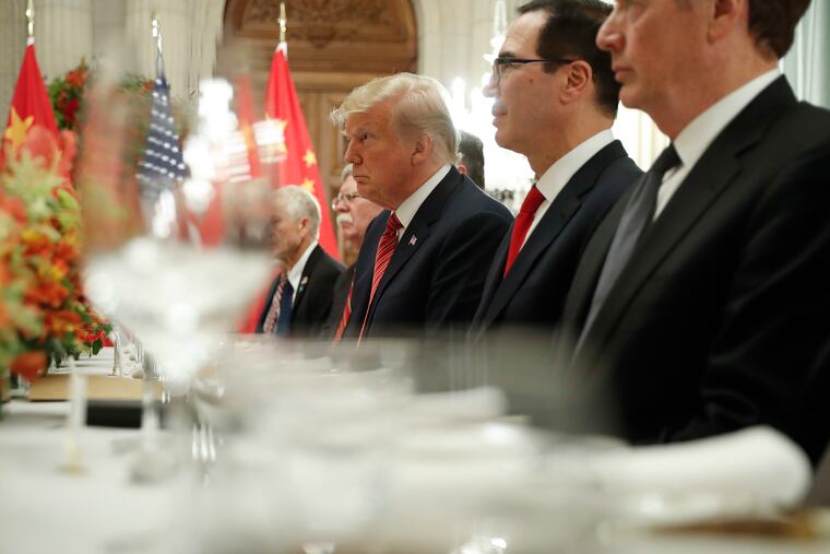 President Donald Trump, center, and Treasury Secretary Steve Mnuchin, second from the right, listen to remarks by China's President Xi Jinping during a bilateral meeting at the G20 Summit, Saturday, Dec. 1, 2018 in Buenos Aires, Argentina. (AP Photo/Pablo Martinez Monsivais)