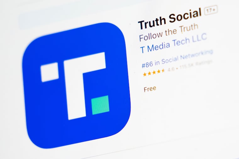 The download screen for the Truth Social app is displayed on a laptop computer, March 20, 2024, in New York. The company is planning to sell early access from its top posters to Wall Street traders.