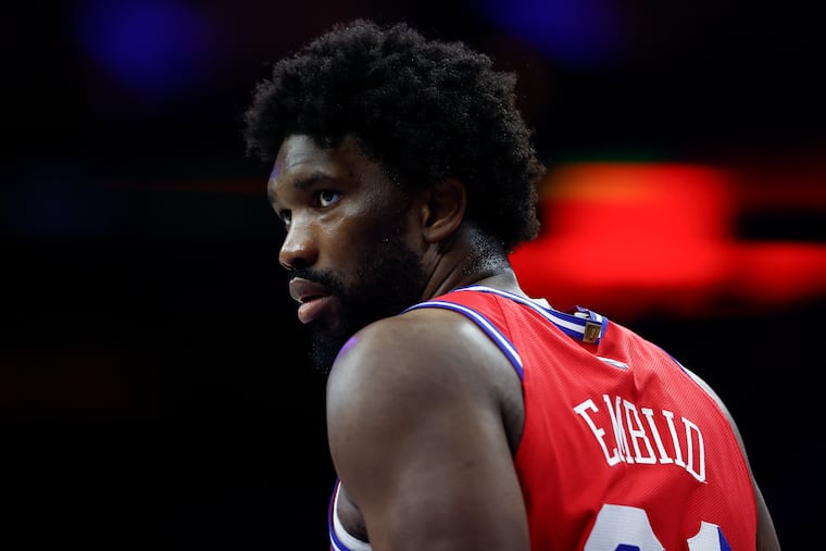 Sixers center Joel Embiid against the New York Knicks in Game 4 of the first round NBA Eastern Conference playoffs on Sunday, April 28, 2024 in Philadelphia.